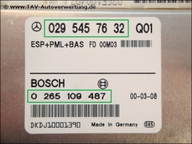 ESP+PML+BAS Steuergeraet Mercedes A 0295457632 Bosch 0265109487 Q01 Q02 A 0295457632 / Q01 (ausverkauft)